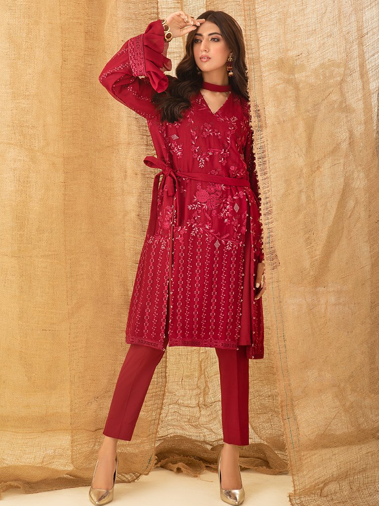 Red Game - 1pc Unstitched Luxury Embroidered Chiffon Shirt with Inner (WK-00755)
